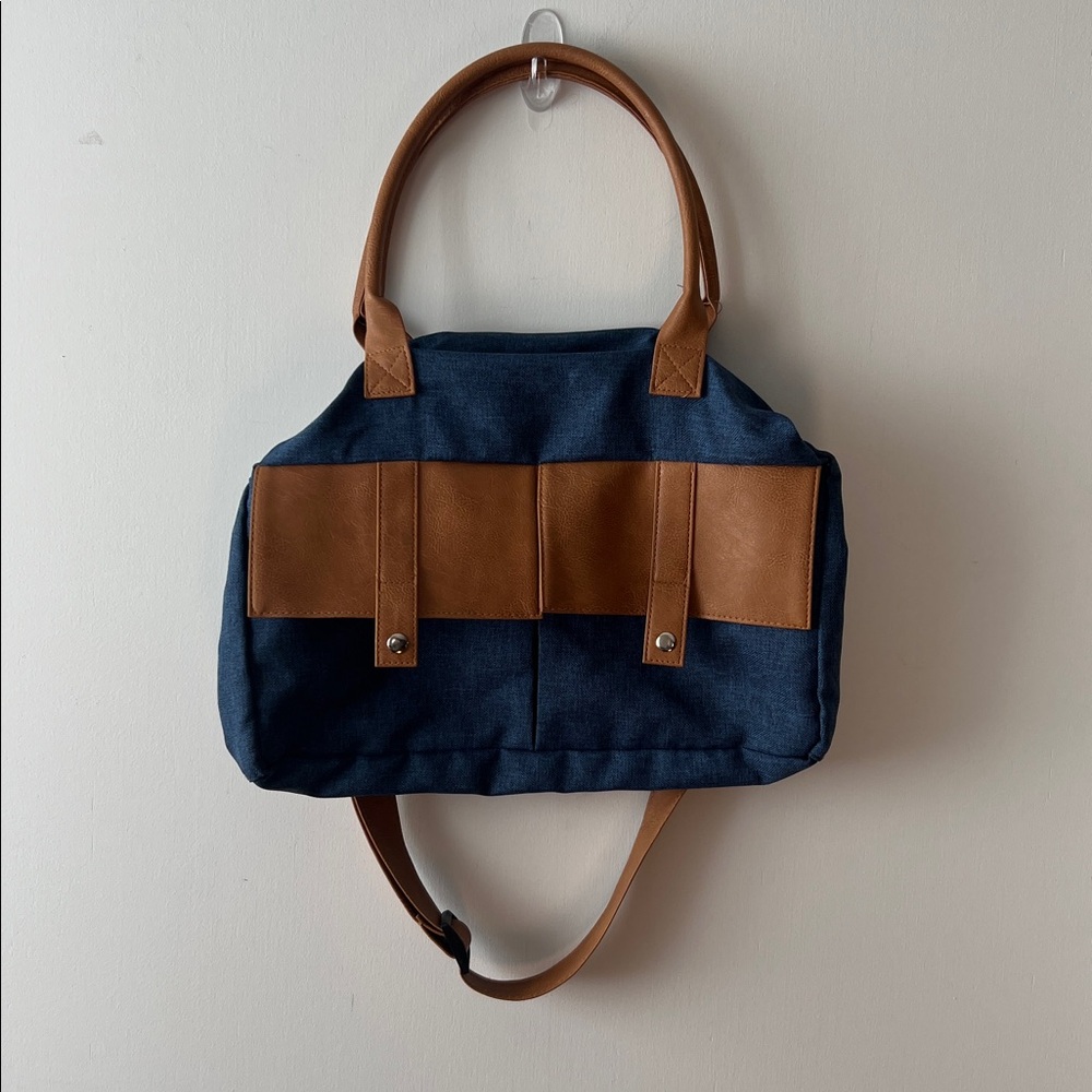 Stylish Blue and Brown Handbag with faux leather accents